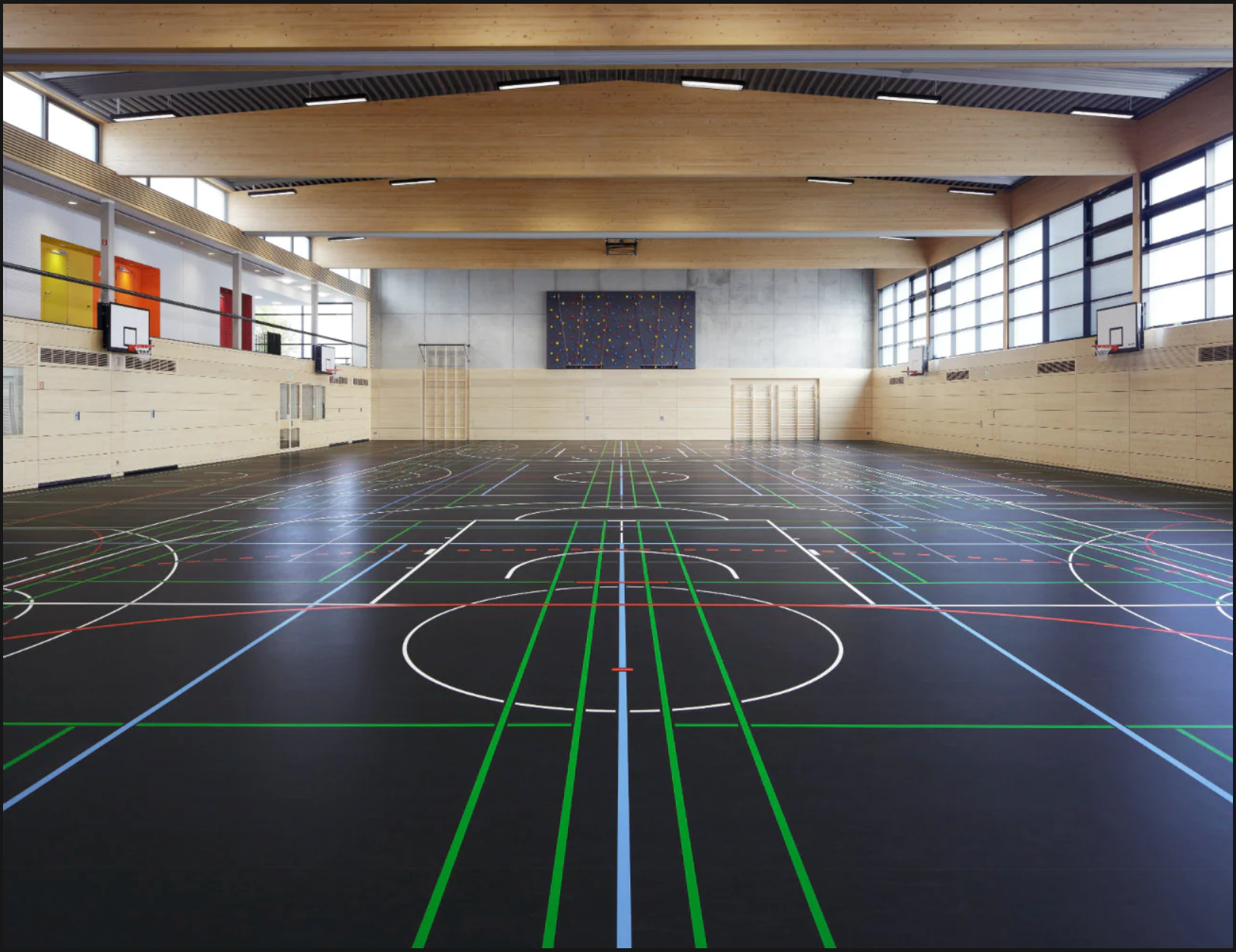 Contrasting Black Sports Flooring with Bright Coloured Sports Line Markings