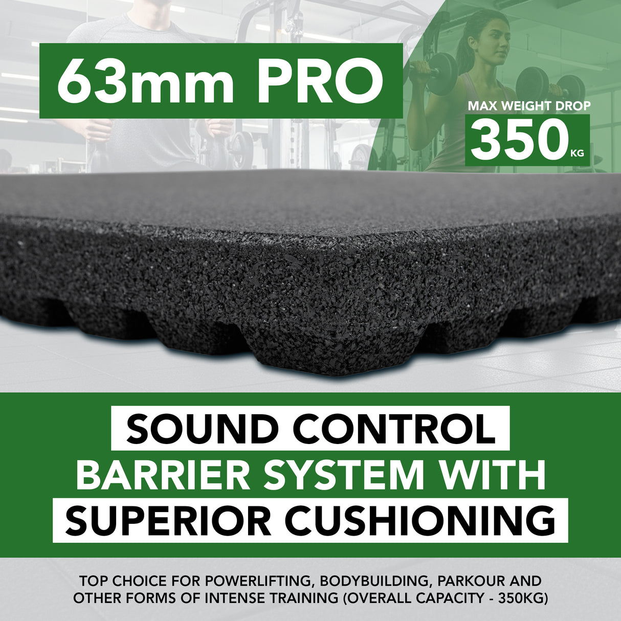 63mm Sprung PRO Gym Anti-Shock Flooring Tile - Max Weight Drop 350KG