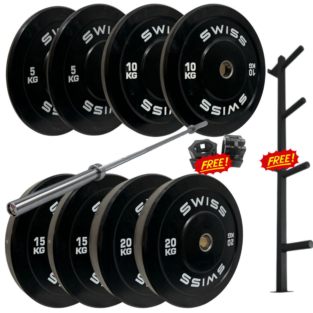 Black Bumper Plates - Swiss Free Weights SuperStrong Fitness 100kg Set with 7ft Olympic Gorilla Bar + FREE Collars
