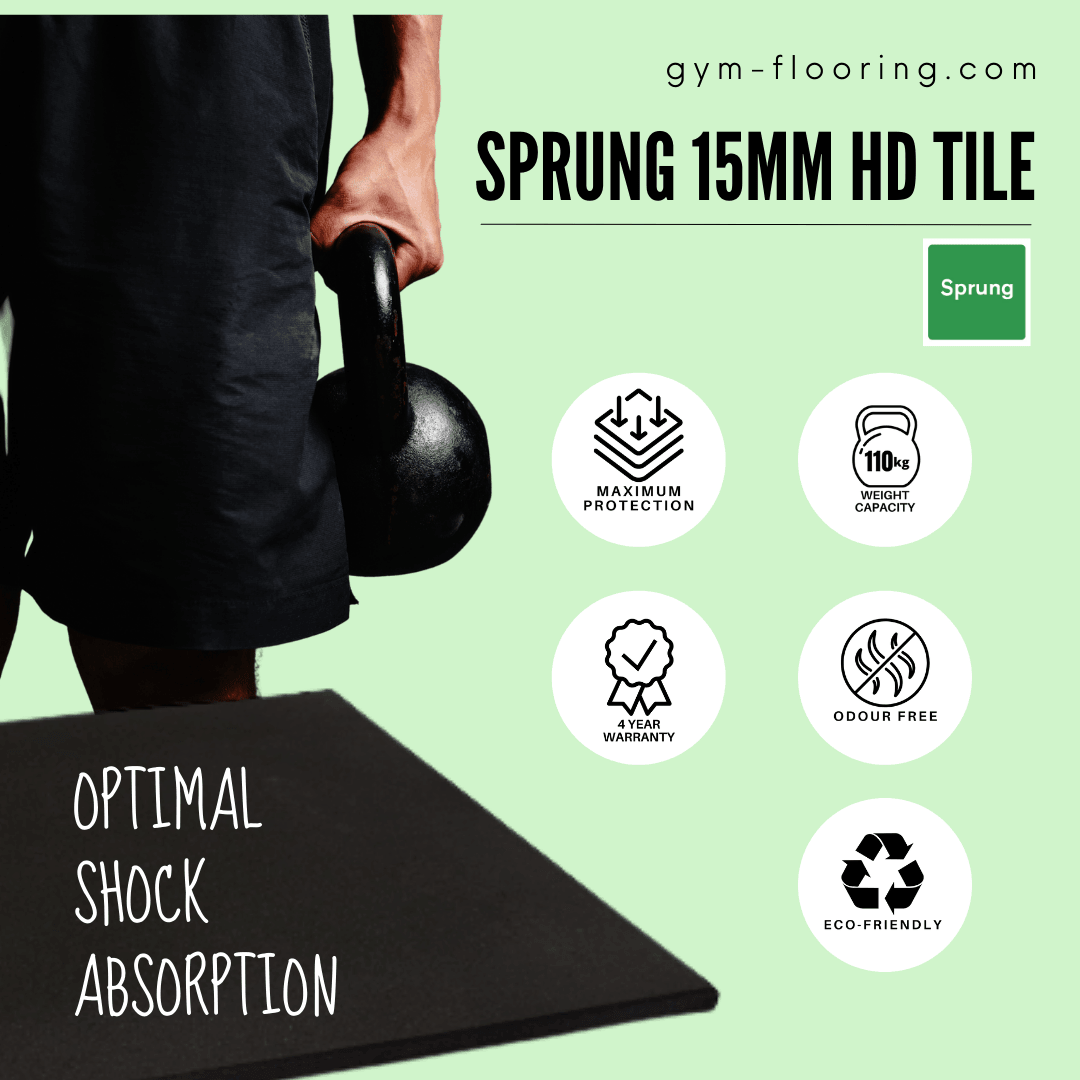 15mm Sprung PRO Gym Flooring - Sprung Rubber Heavy Duty GYM FLOORING GymFloors