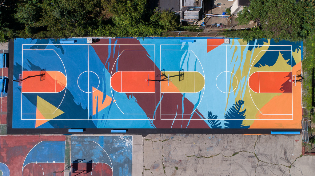 Abstract art as a basketball court surface