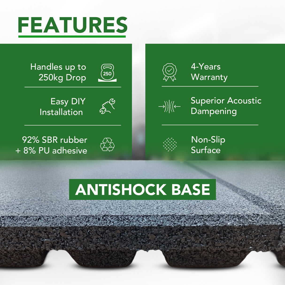 43mm Sprung PRO Rubber AntiShock Gym Flooring Tile